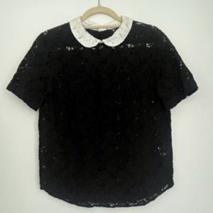 Equipment Top: Equipment Femme Black Lace White Collar Top
